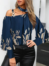 Langarm Lose Schnalle Hohle Blätter Drucken One-Shoulder Blusen & Hemden Tops